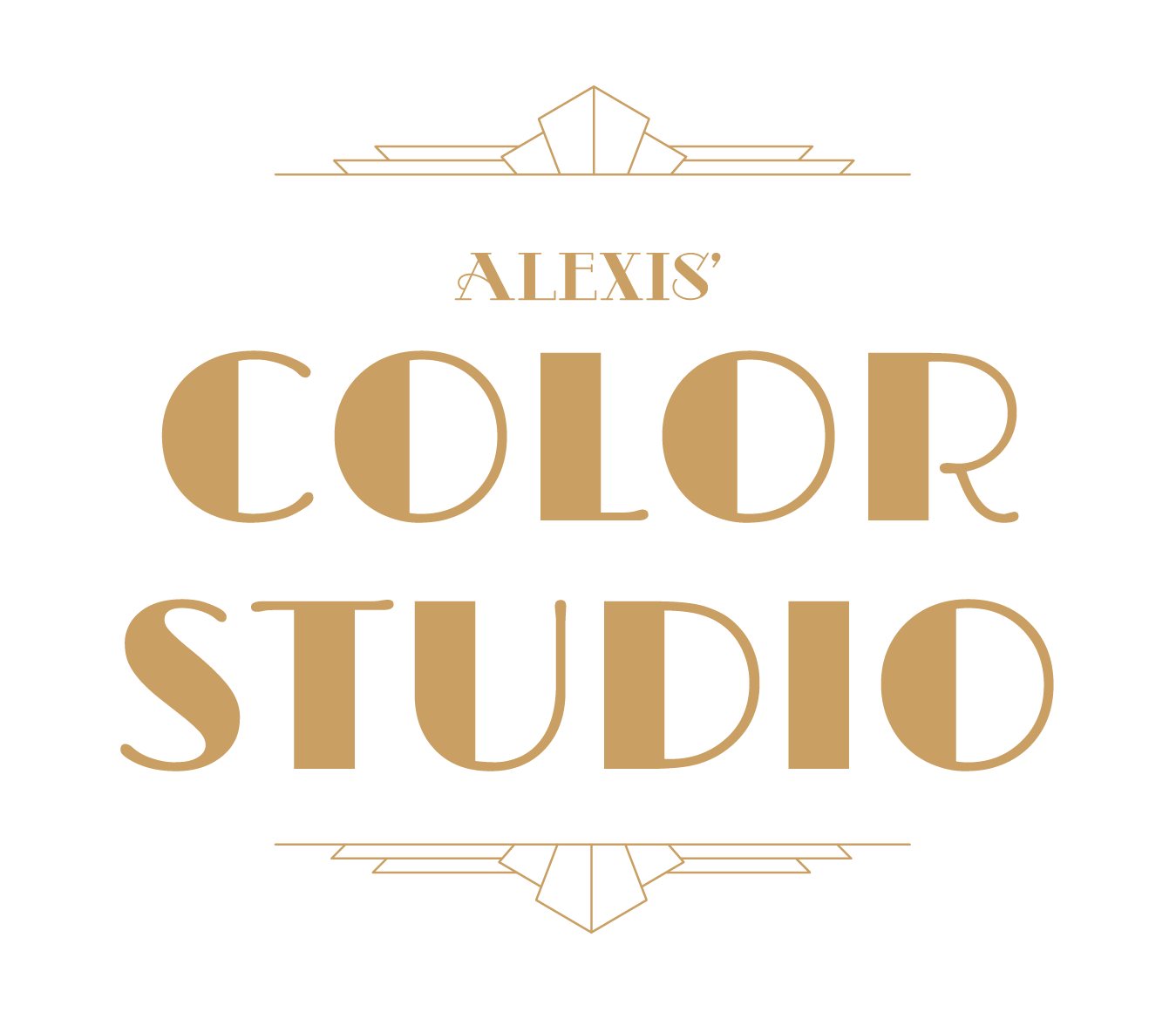 Alexis' Color Studio logo in gold Art Deco lettering with geometric ornaments