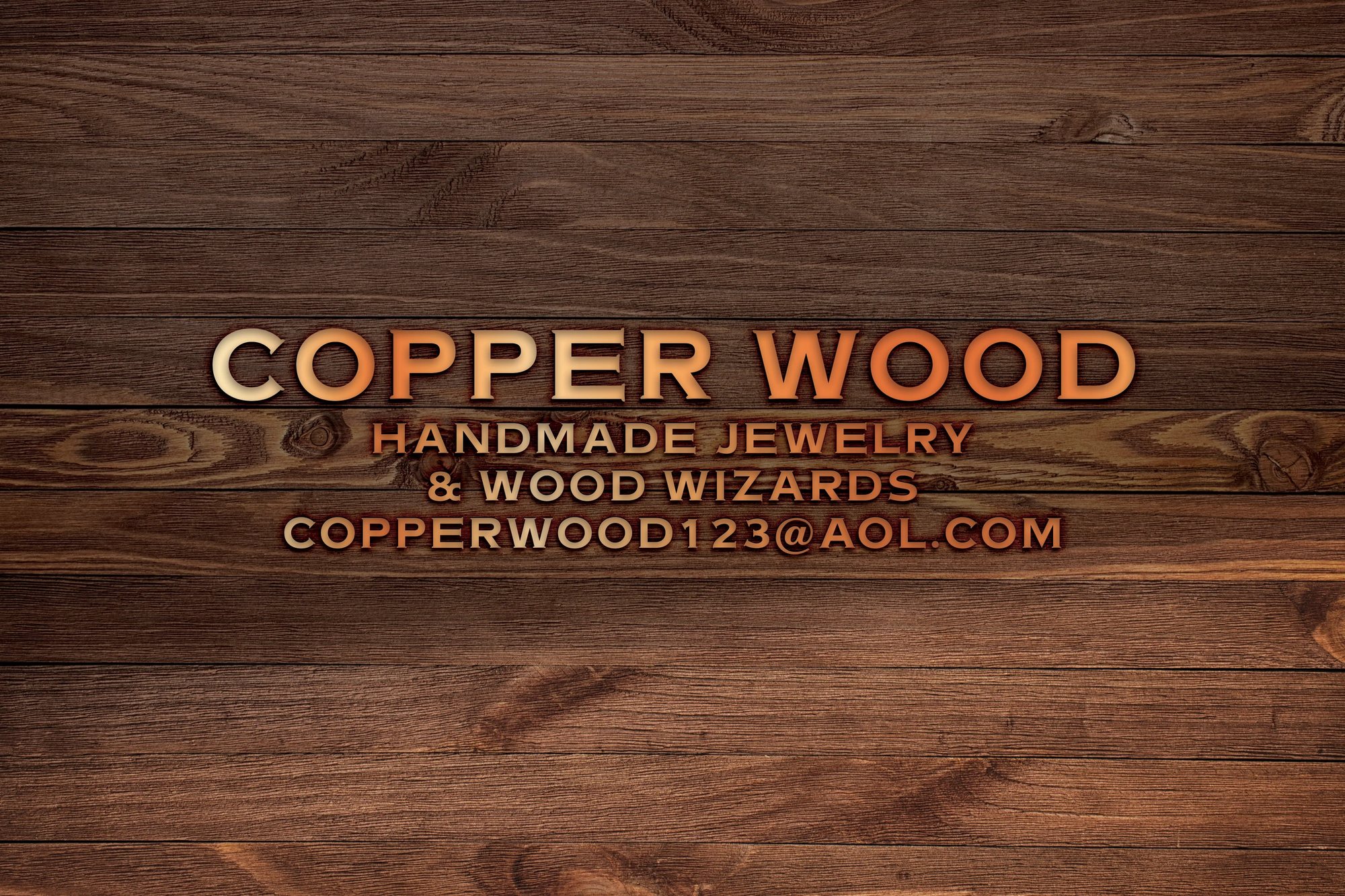 Copper Wood business card, copper lettering on dark wood