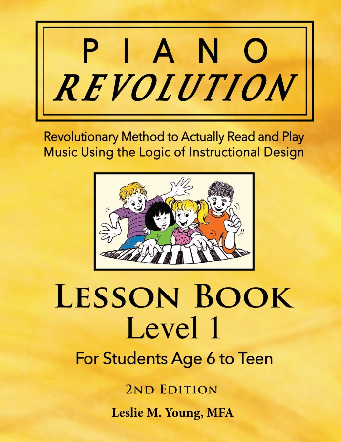 Piano Revolution Lesson Book Level 1 cover, warm yellow with an illustration of children at a keyboard