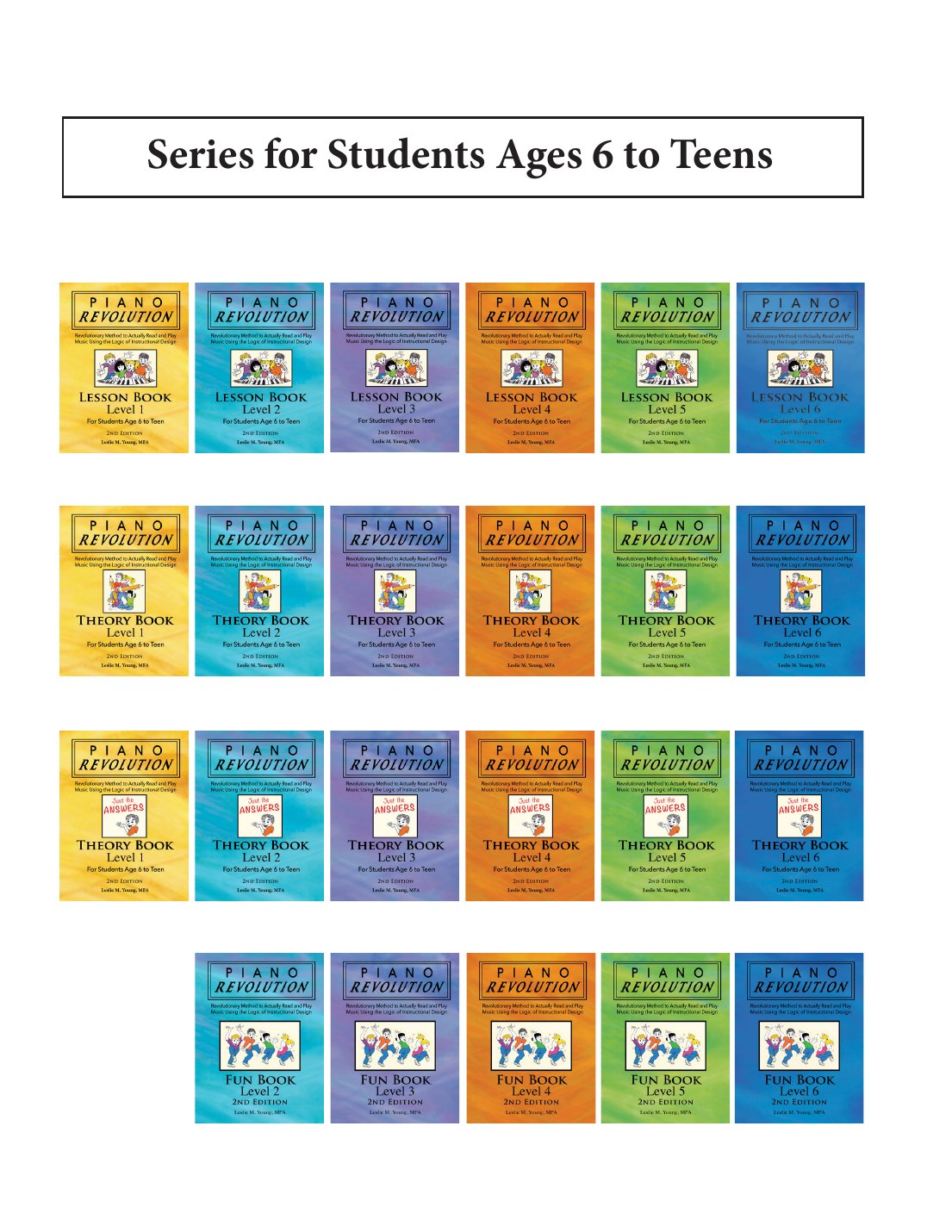 Series catalog page showing color-coded covers for every level